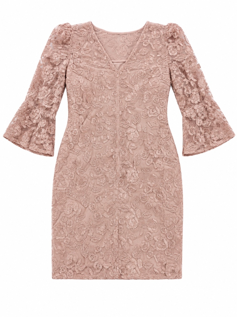 Adrianna Papell Blush Floral Embroidered Sheath Dress Bell Sleeve Size 8